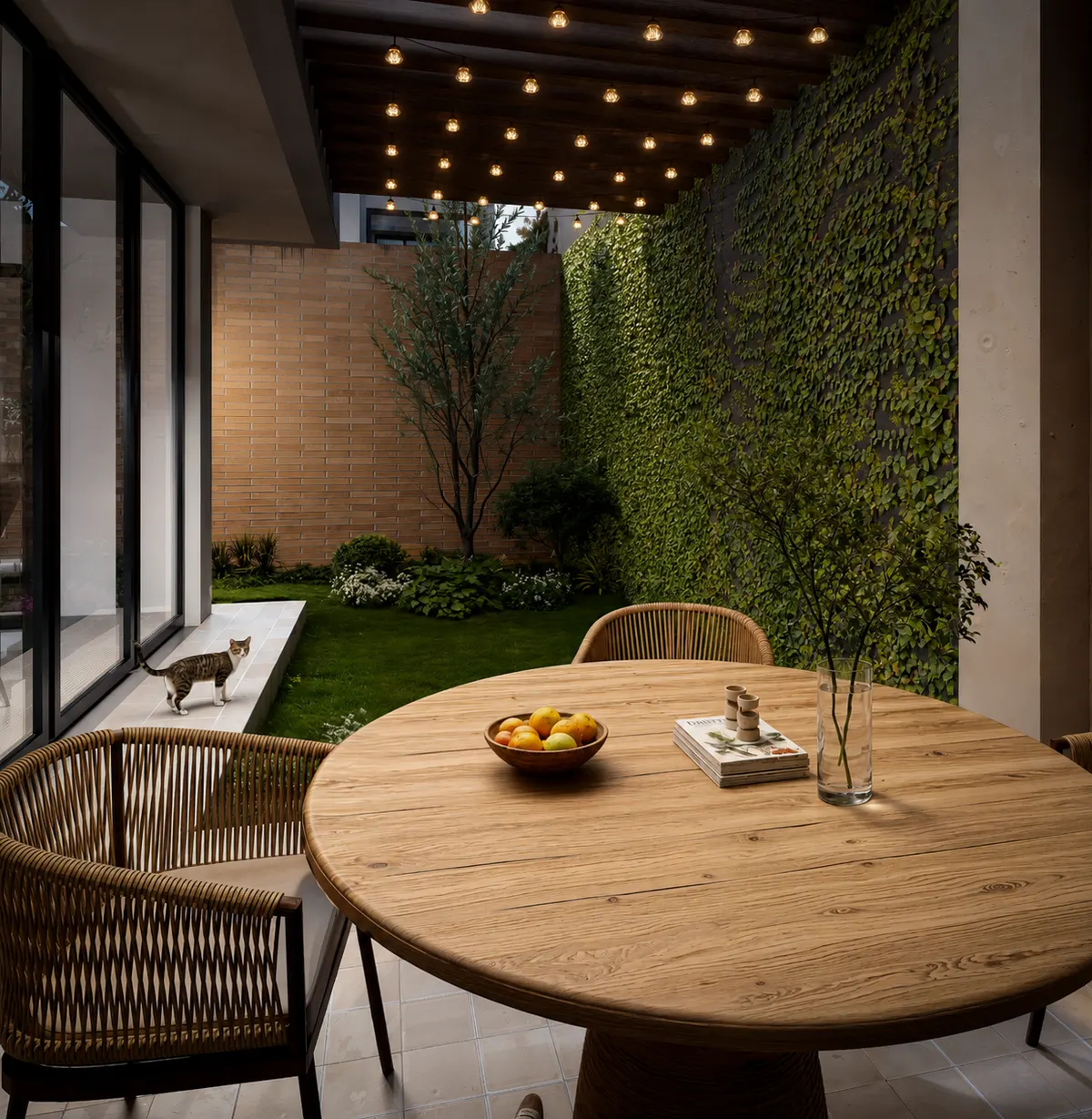 Patio con comedor exterior, jardín vertical y luces colgantes