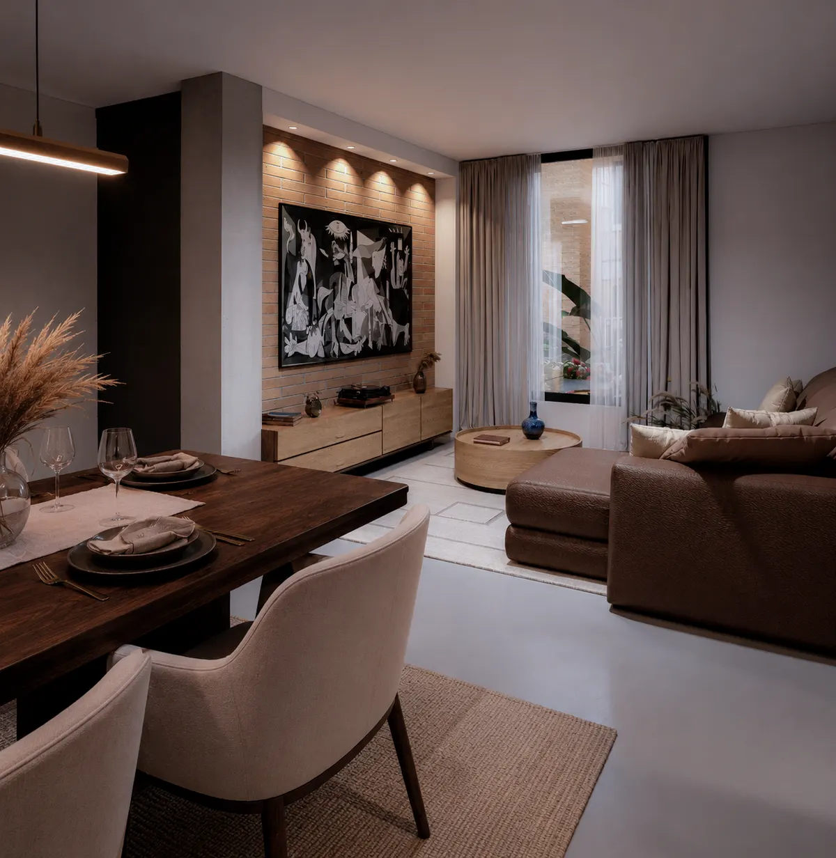Sala con mueble de televisión en madera y comedor