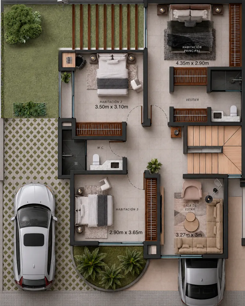 Plano del piso 2: habitación principal con vestier y baño, dos habitaciones, sala de estar y baño